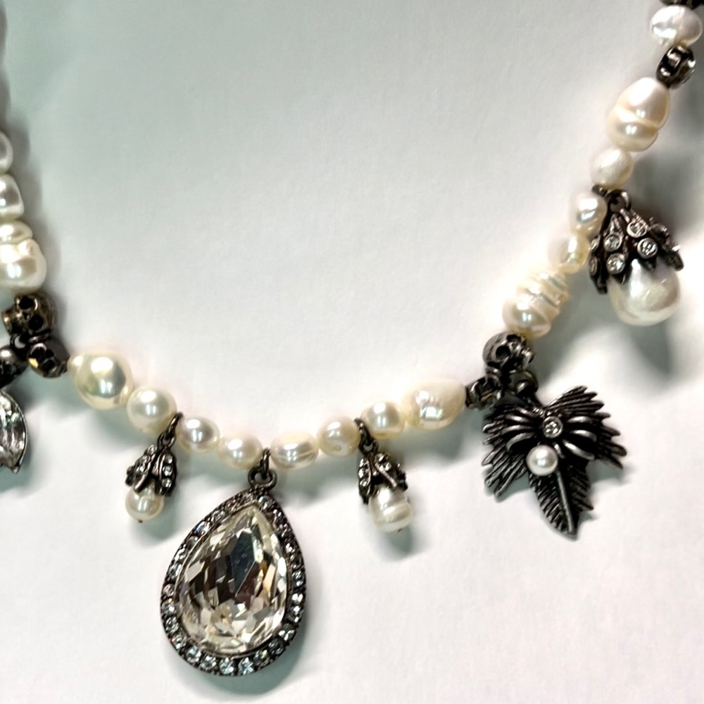 Alexander McQueen White Crystal Pearl Skull Beaded Necklace Swarovski Crystals